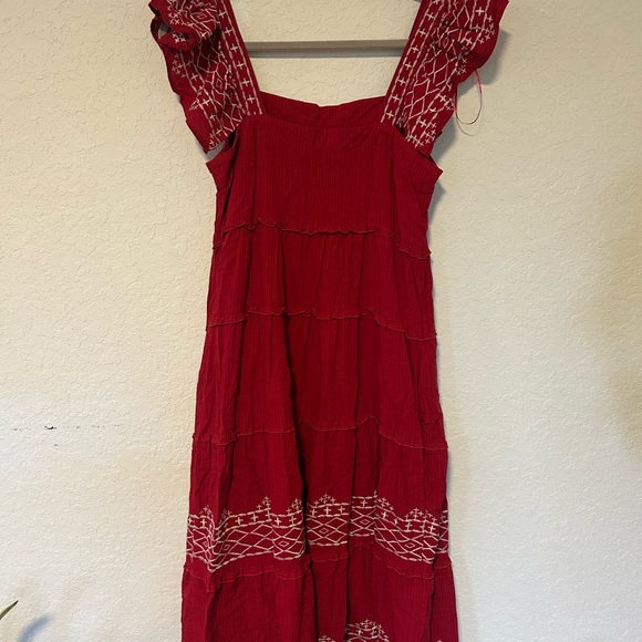 Red Embroidered Boho Midi Dress, Tiered Cotton Sundress, Cottagecore Dress - Picture 5 of 9